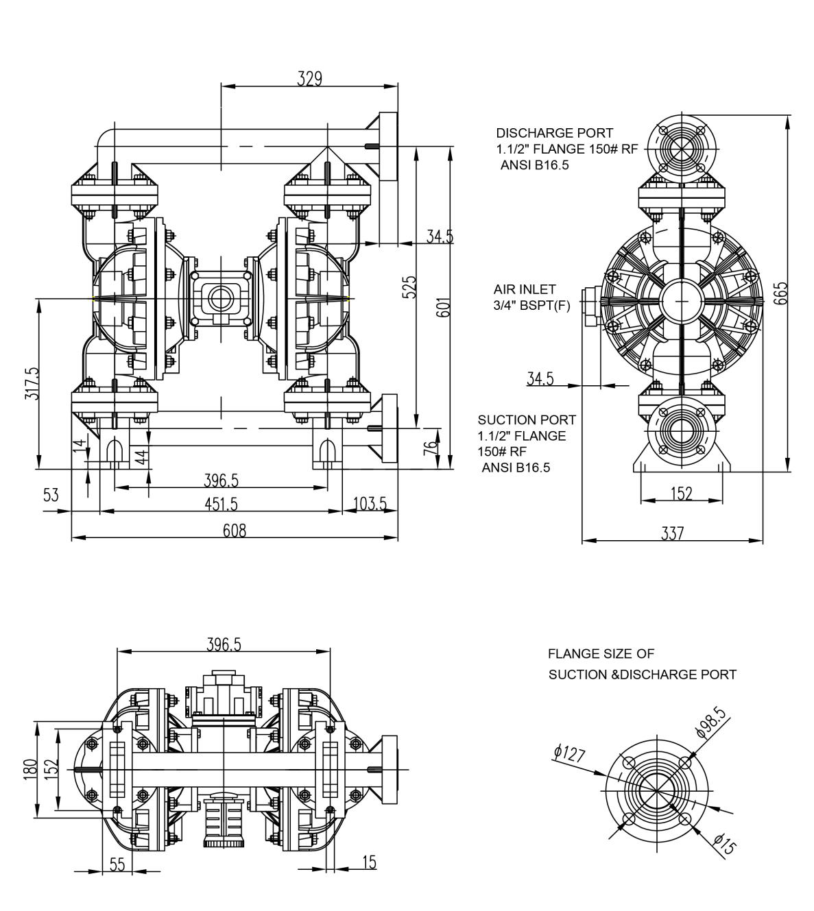 SKYLINK隔膜泵PS40塑料氣動隔膜泵外形尺寸圖